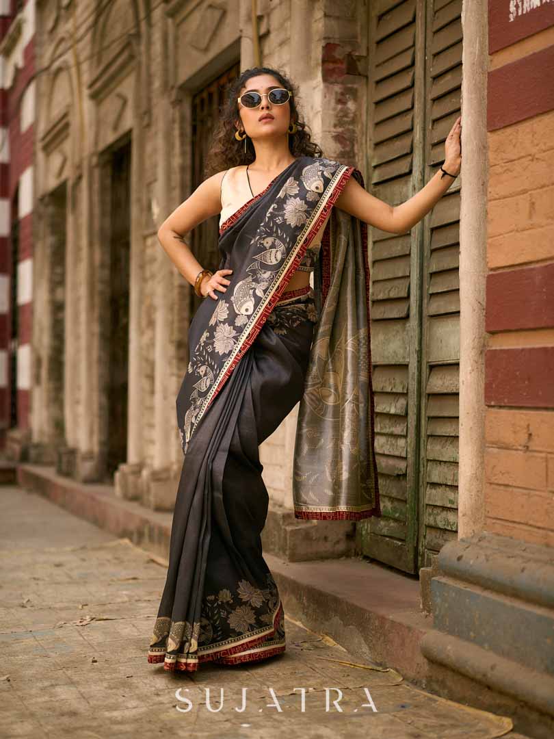 Black Artisan Art Silk Saree with Traditional Madhubani Print & Contrast Ajrakh Border