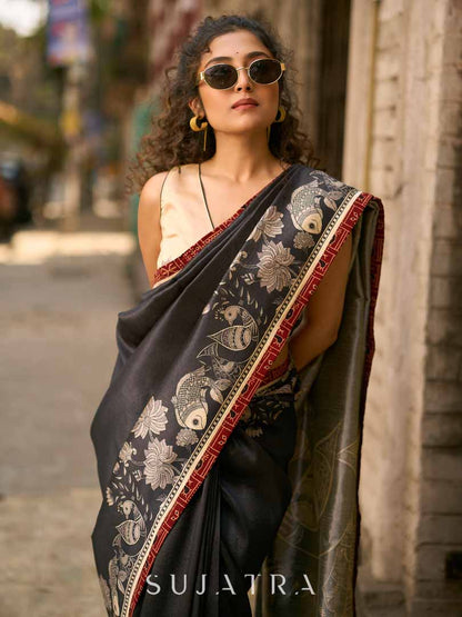 Black Artisan Art Silk Saree with Traditional Madhubani Print & Contrast Ajrakh Border