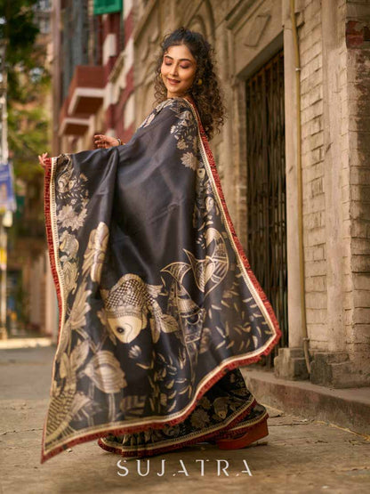 Black Artisan Art Silk Saree with Traditional Madhubani Print & Contrast Ajrakh Border