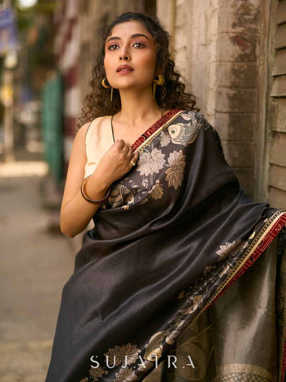 Black Artisan Art Silk Saree with Traditional Madhubani Print & Contrast Ajrakh Border