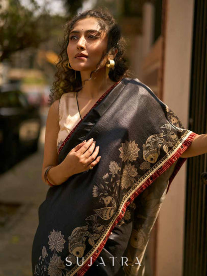 Black Artisan Art Silk Saree with Traditional Madhubani Print & Contrast Ajrakh Border