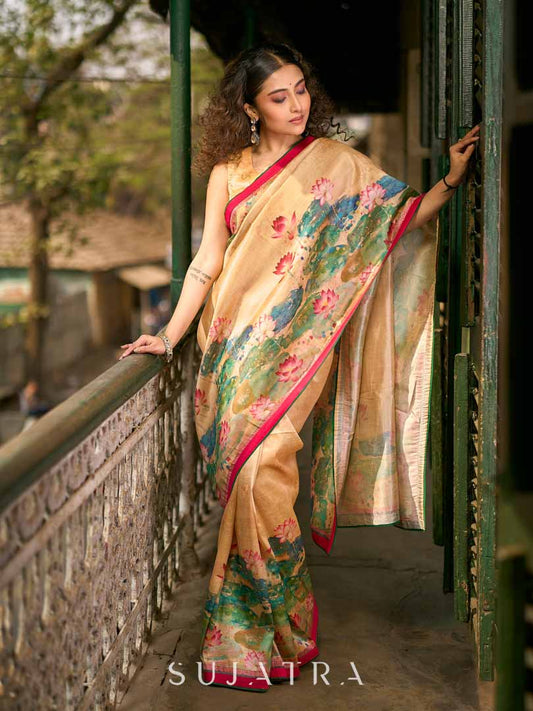 Art Silk Lotus Printed Saree in Beige with Statement Pallu