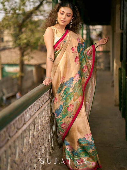 Art Silk Lotus Printed Saree in Beige with Statement Pallu
