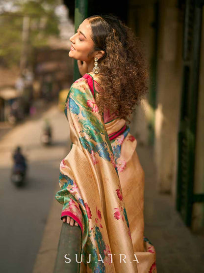 Art Silk Lotus Printed Saree in Beige with Statement Pallu