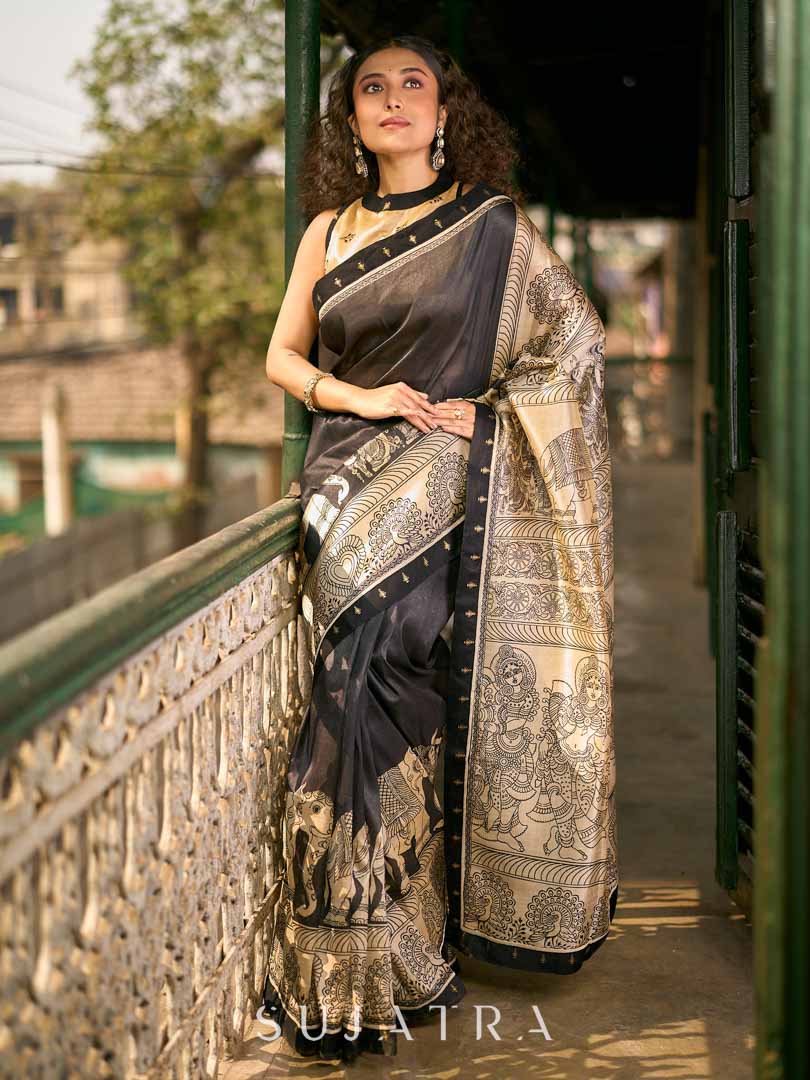 Traditional Black Art Silk Kalamkari Printed Saree with Detailed Pallu
