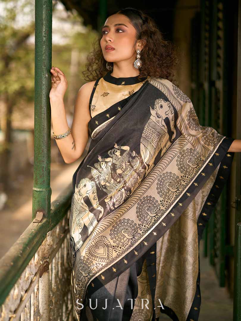 Traditional Black Art Silk Kalamkari Printed Saree with Detailed Pallu