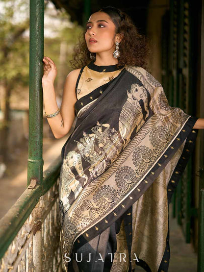 Traditional Black Art Silk Kalamkari Printed Saree with Detailed Pallu