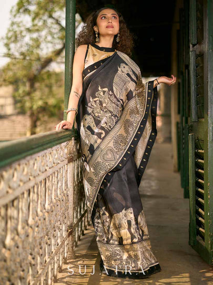Traditional Black Art Silk Kalamkari Printed Saree with Detailed Pallu