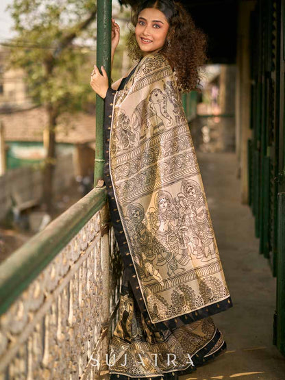 Traditional Black Art Silk Kalamkari Printed Saree with Detailed Pallu