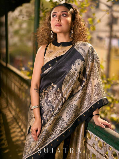 Traditional Black Art Silk Kalamkari Printed Saree with Detailed Pallu