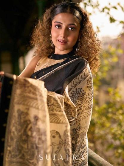 Traditional Black Art Silk Kalamkari Printed Saree with Detailed Pallu