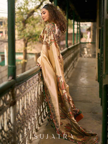 Golden Beige Art Silk Saree with Madhubani Inspired Border & Pallu