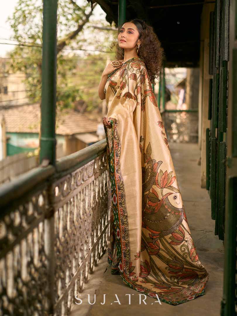 Golden Beige Art Silk Saree with Madhubani Inspired Border & Pallu
