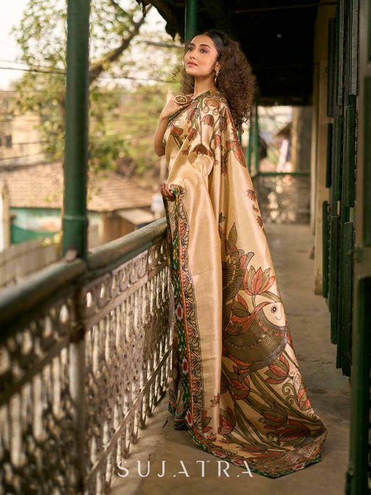 Golden Beige Art Silk Saree with Madhubani Inspired Border & Pallu