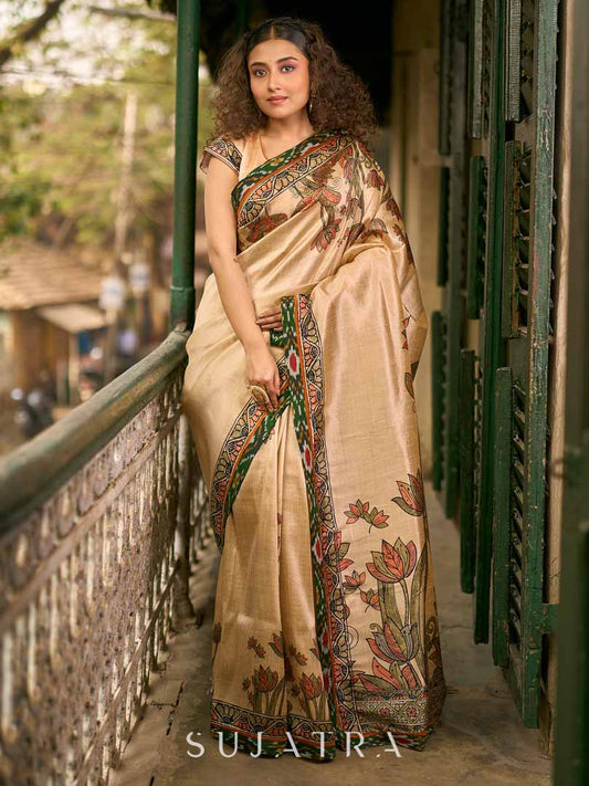 Golden Beige Art Silk Saree with Madhubani Inspired Border & Pallu