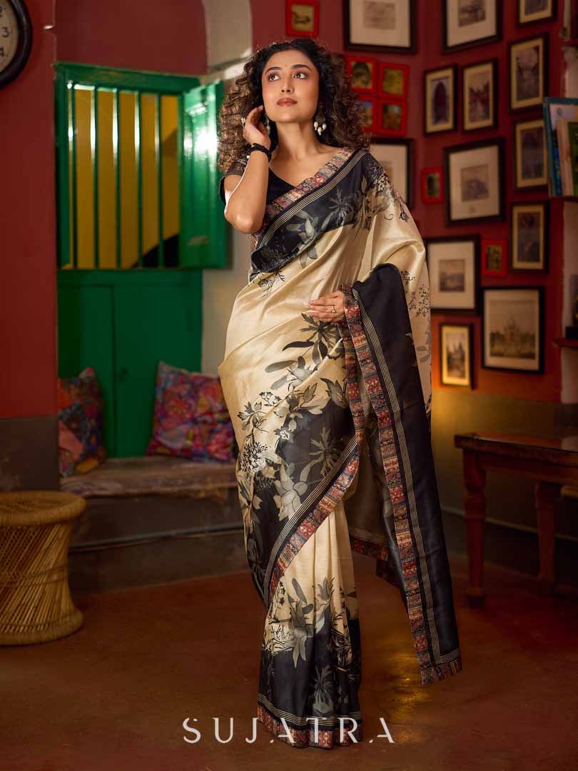 Beige & Black Art Silk Saree with Modern Floral Print & Contrasting Border