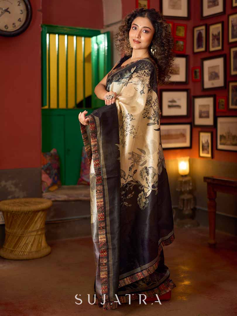 Beige & Black Art Silk Saree with Modern Floral Print & Contrasting Border
