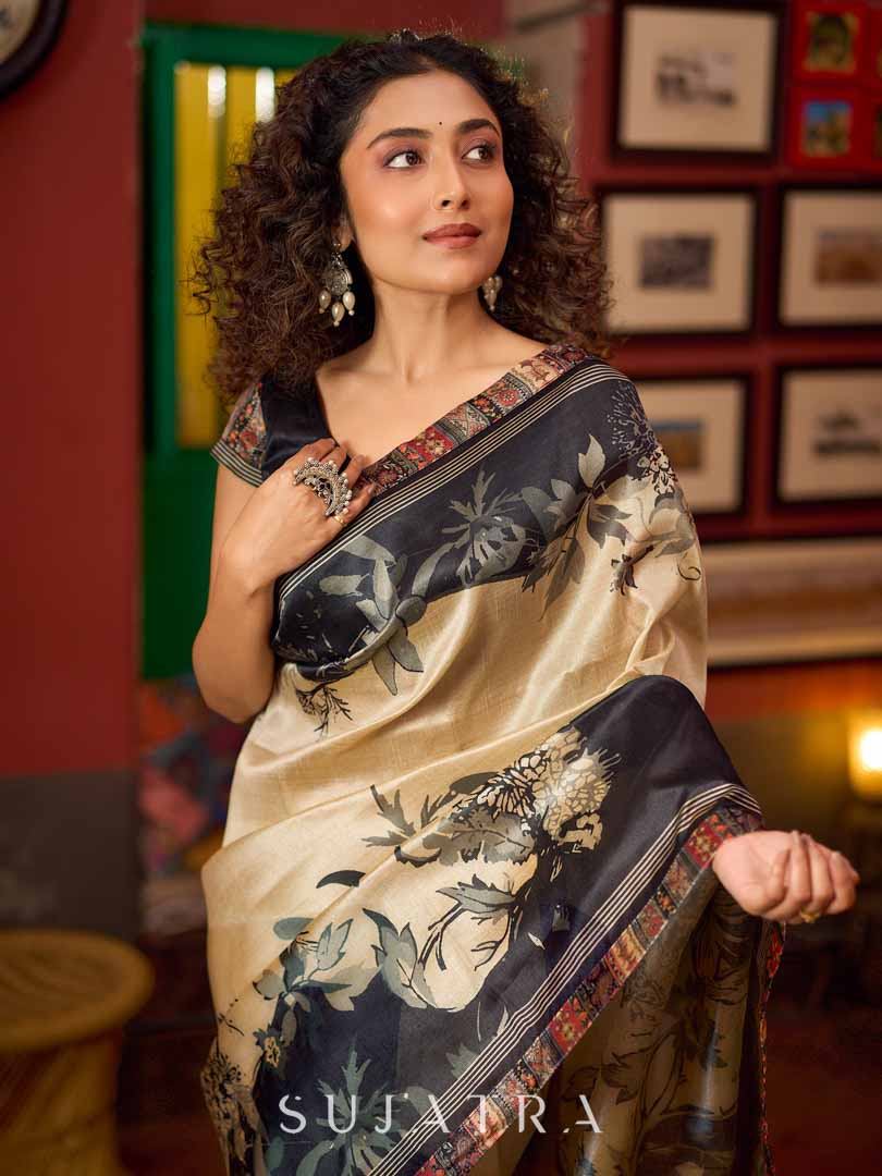 Beige & Black Art Silk Saree with Modern Floral Print & Contrasting Border