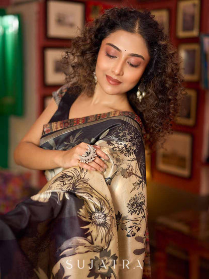 Beige & Black Art Silk Saree with Modern Floral Print & Contrasting Border