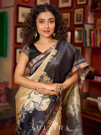 Beige & Black Art Silk Saree with Modern Floral Print & Contrasting Border