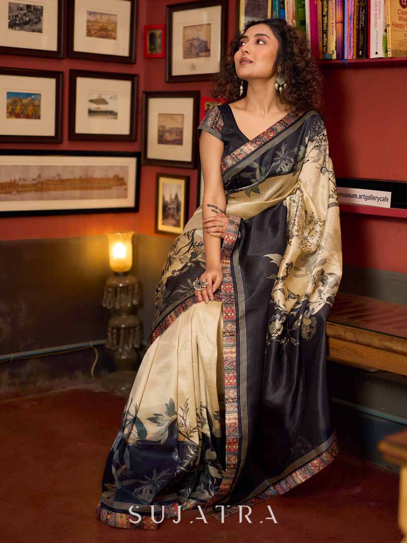 Beige & Black Art Silk Saree with Modern Floral Print & Contrasting Border