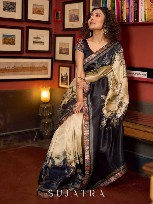 Beige & Black Art Silk Saree with Modern Floral Print & Contrasting Border