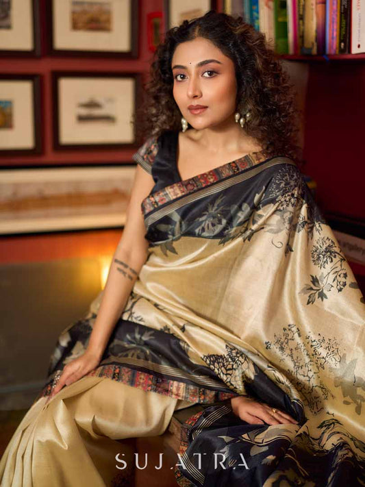 Beige & Black Art Silk Saree with Modern Floral Print & Contrasting Border