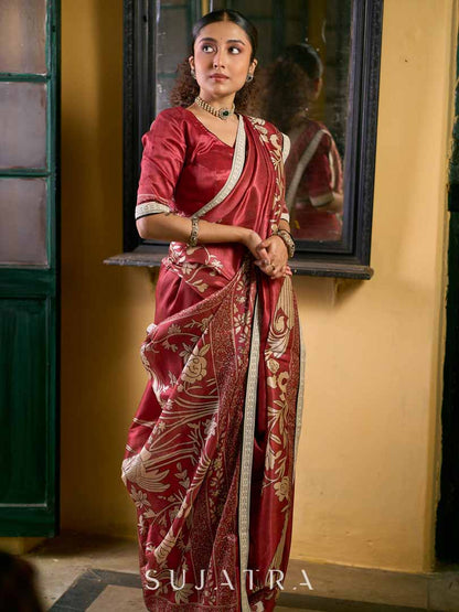 Deep Maroon Art Silk Saree with Traditional Floral Printed Pallu