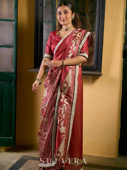 Deep Maroon Art Silk Saree with Traditional Floral Printed Pallu