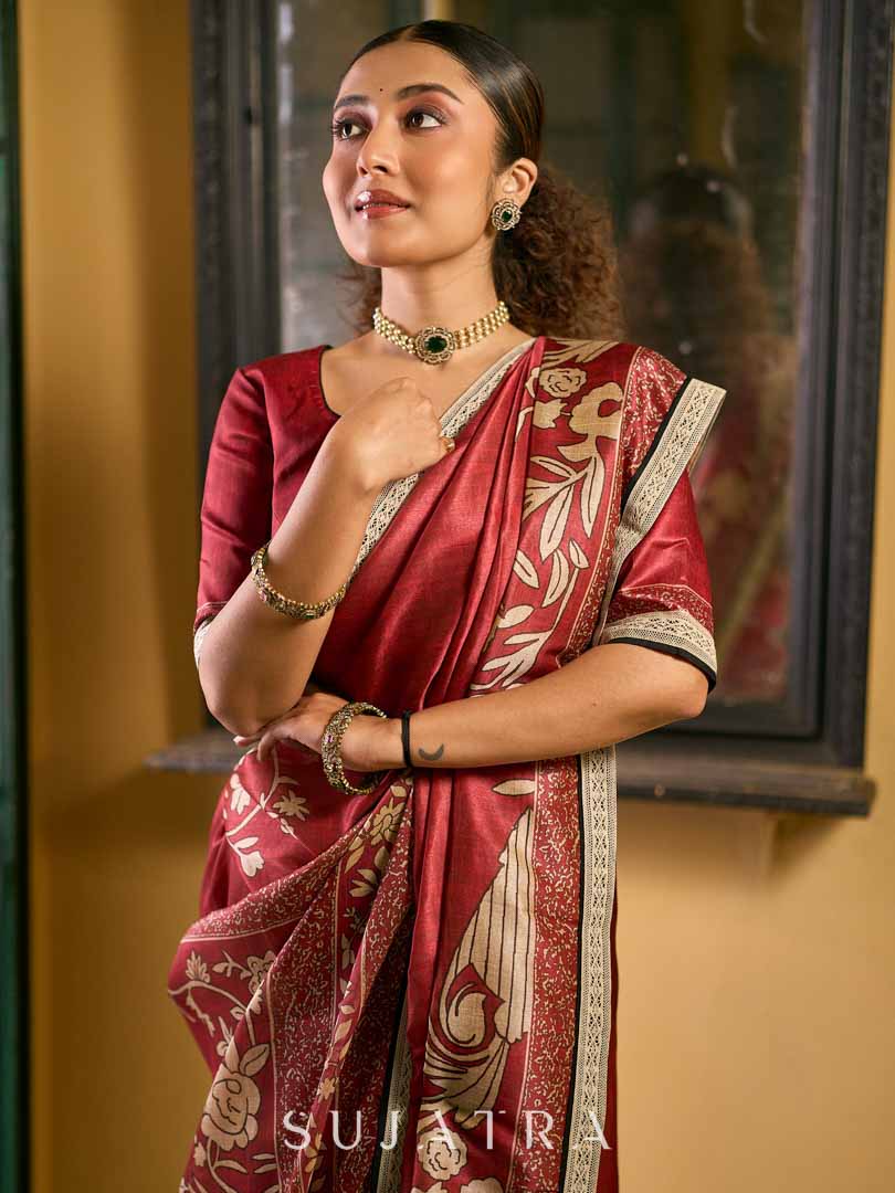 Deep Maroon Art Silk Saree with Traditional Floral Printed Pallu