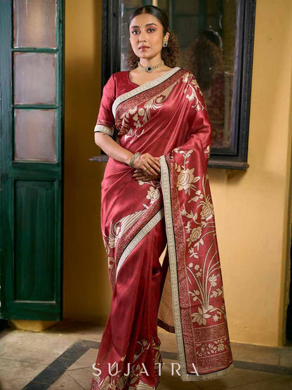 Deep Maroon Art Silk Saree with Traditional Floral Printed Pallu