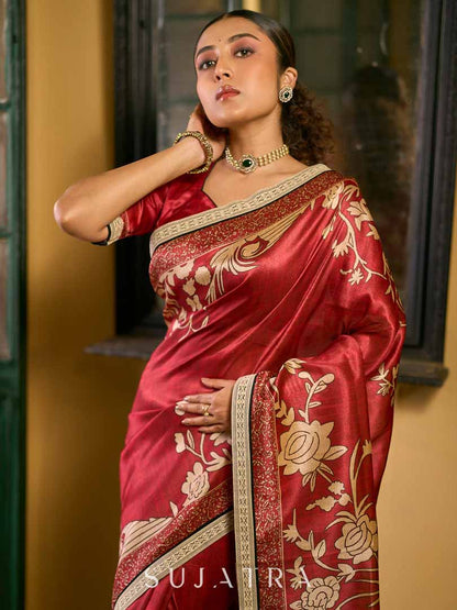 Deep Maroon Art Silk Saree with Traditional Floral Printed Pallu