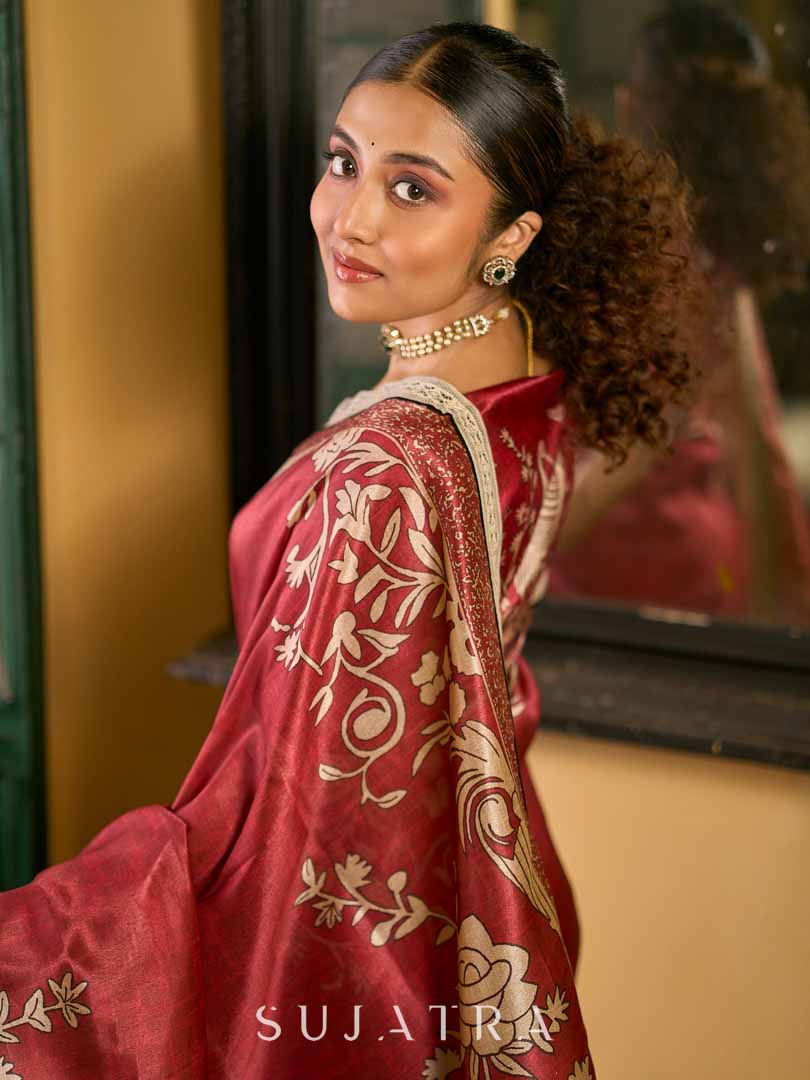 Deep Maroon Art Silk Saree with Traditional Floral Printed Pallu