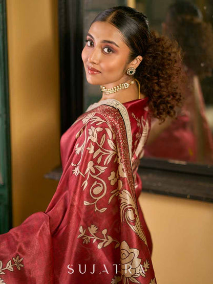 Deep Maroon Art Silk Saree with Traditional Floral Printed Pallu