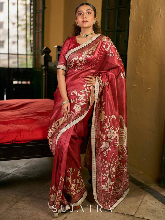 Deep Maroon Art Silk Saree with Traditional Floral Printed Pallu