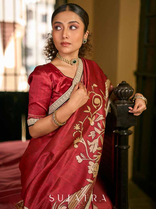 Deep Maroon Art Silk Saree with Traditional Floral Printed Pallu