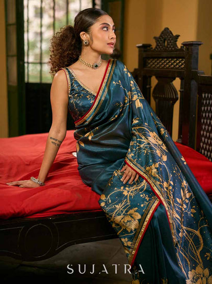 Deep Teal Art Silk Saree with Contemporary Floral Print & Contrasting Border