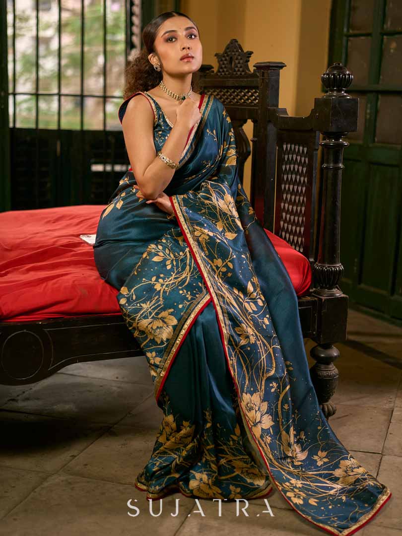 Deep Teal Art Silk Saree with Contemporary Floral Print & Contrasting Border