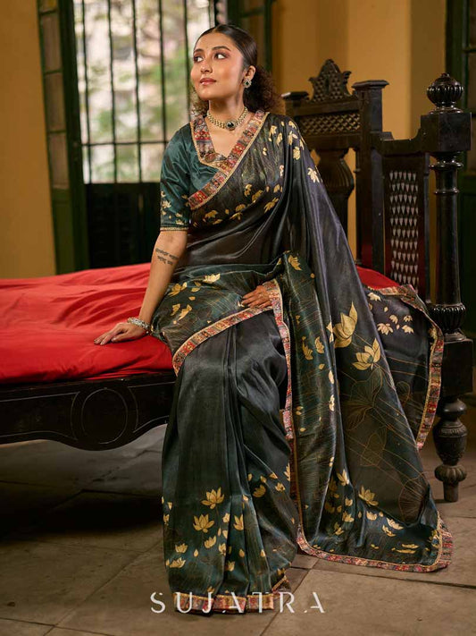 Dark Green Art Silk Saree with Traditional Lotus Print & Contrasting Border