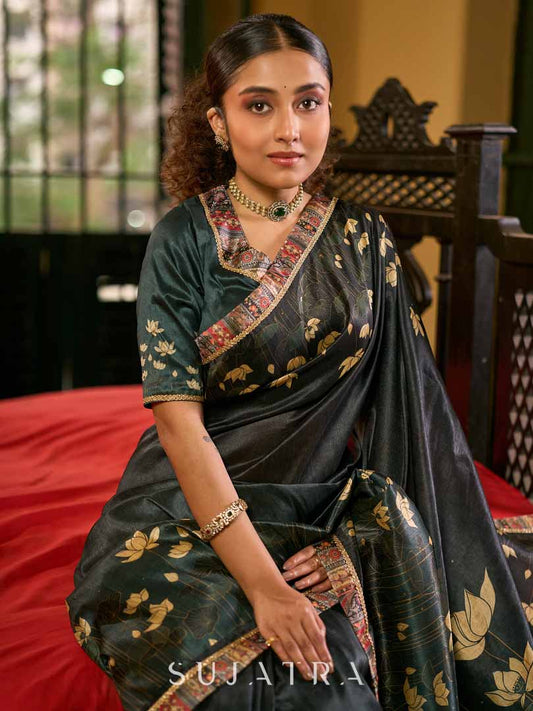 Dark Green Art Silk Saree with Traditional Lotus Print & Contrasting Border