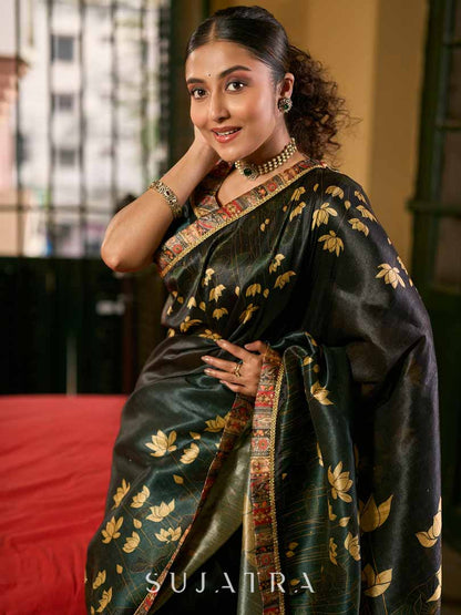 Dark Green Art Silk Saree with Traditional Lotus Print & Contrasting Border