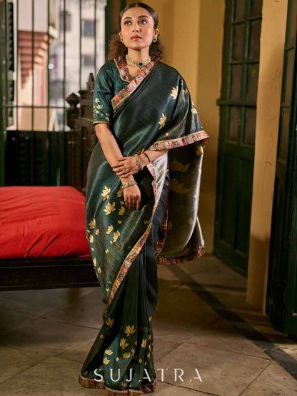 Dark Green Art Silk Saree with Traditional Lotus Print & Contrasting Border