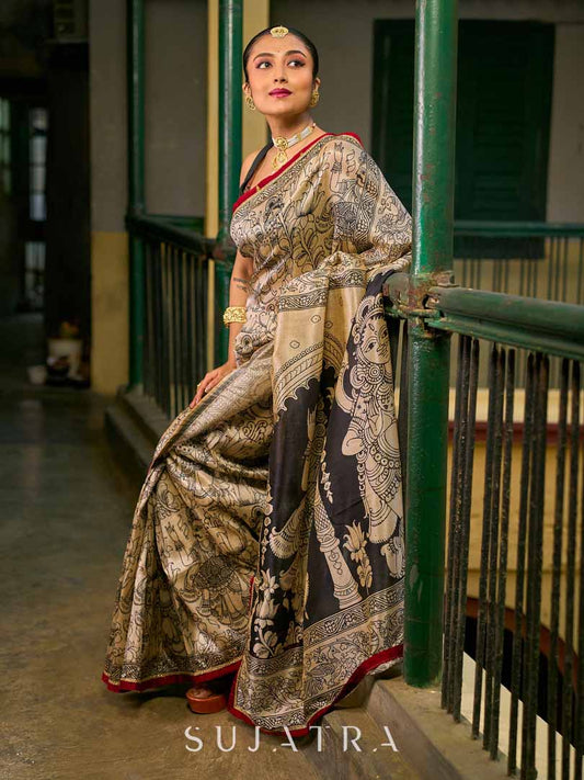 Chic Beige Art Silk Saree with Traditional Kalamkari Print & Contrast Border