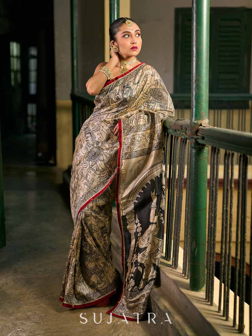 Chic Beige Art Silk Saree with Traditional Kalamkari Print & Contrast Border