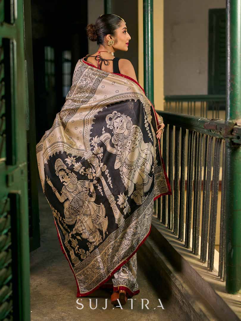 Chic Beige Art Silk Saree with Traditional Kalamkari Print & Contrast Border