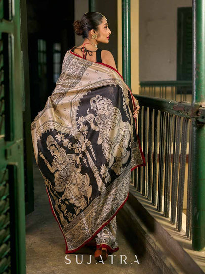 Chic Beige Art Silk Saree with Traditional Kalamkari Print & Contrast Border