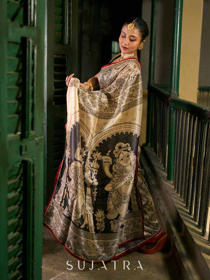 Chic Beige Art Silk Saree with Traditional Kalamkari Print & Contrast Border