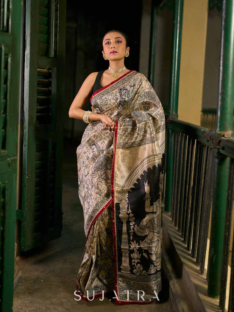 Chic Beige Art Silk Saree with Traditional Kalamkari Print & Contrast Border