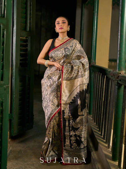 Chic Beige Art Silk Saree with Traditional Kalamkari Print & Contrast Border
