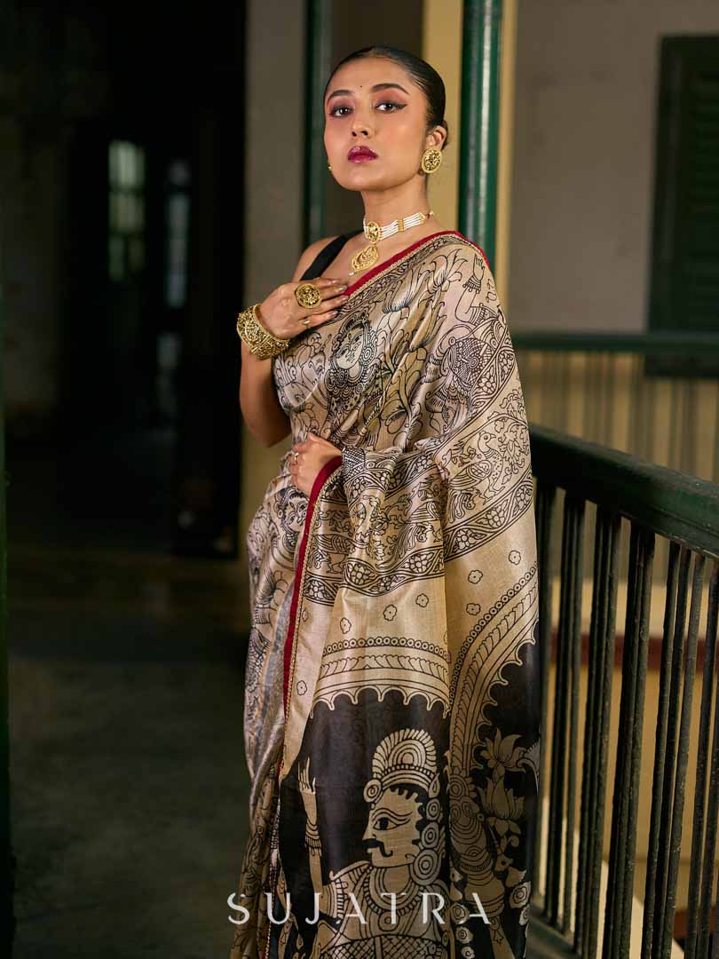 Chic Beige Art Silk Saree with Traditional Kalamkari Print & Contrast Border